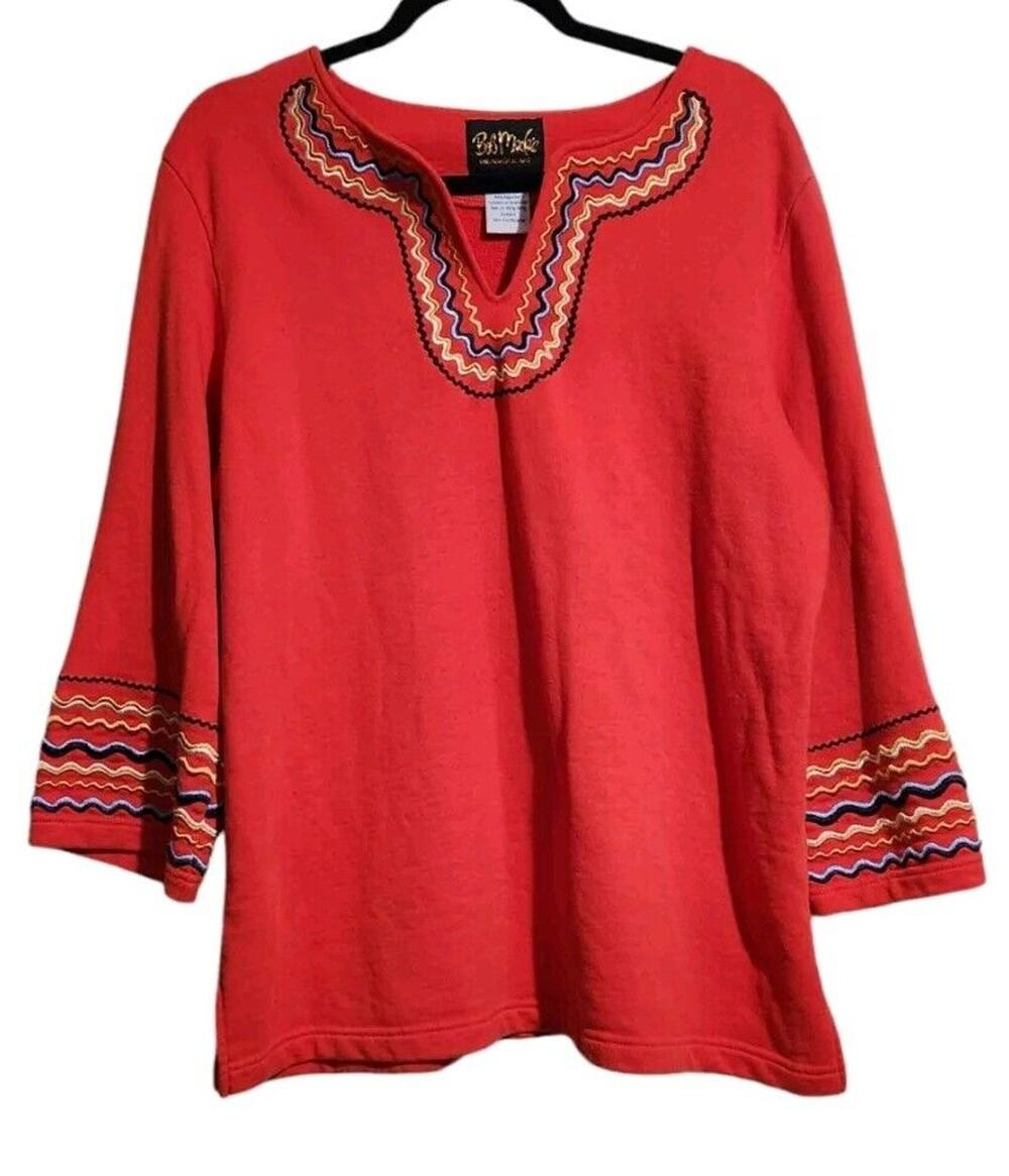 BOB MACKIE Sweatshirt Top Woman's XL Orange Colorful Knit Wearable Art Abstract